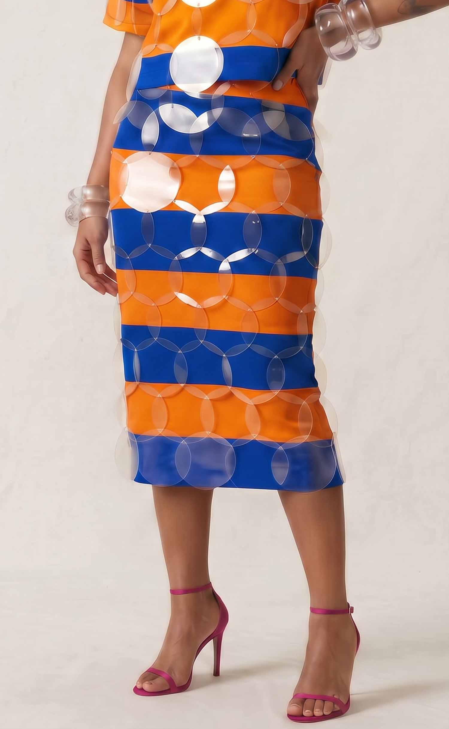 Royal Blue and Orange Striped Bubbles Midi Skirt XS
