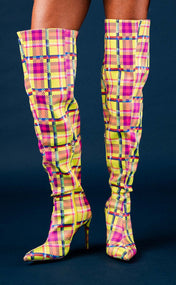 BruceGlen x Madamette Lime Plaid Thigh High Boot - PREORDER