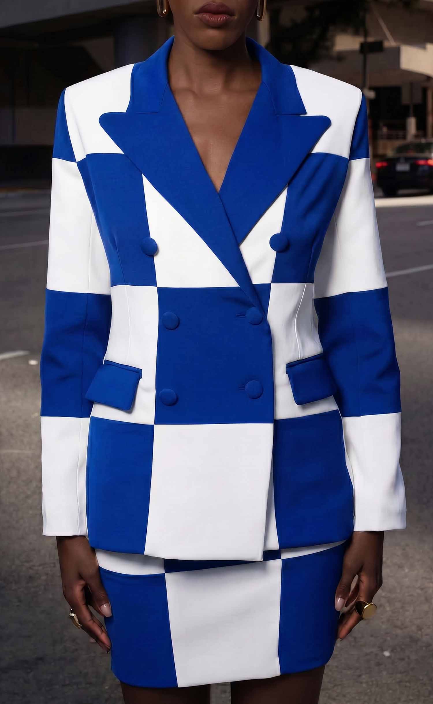 Royal Blue and White Double-Breasted Power Check Blazer 4XL