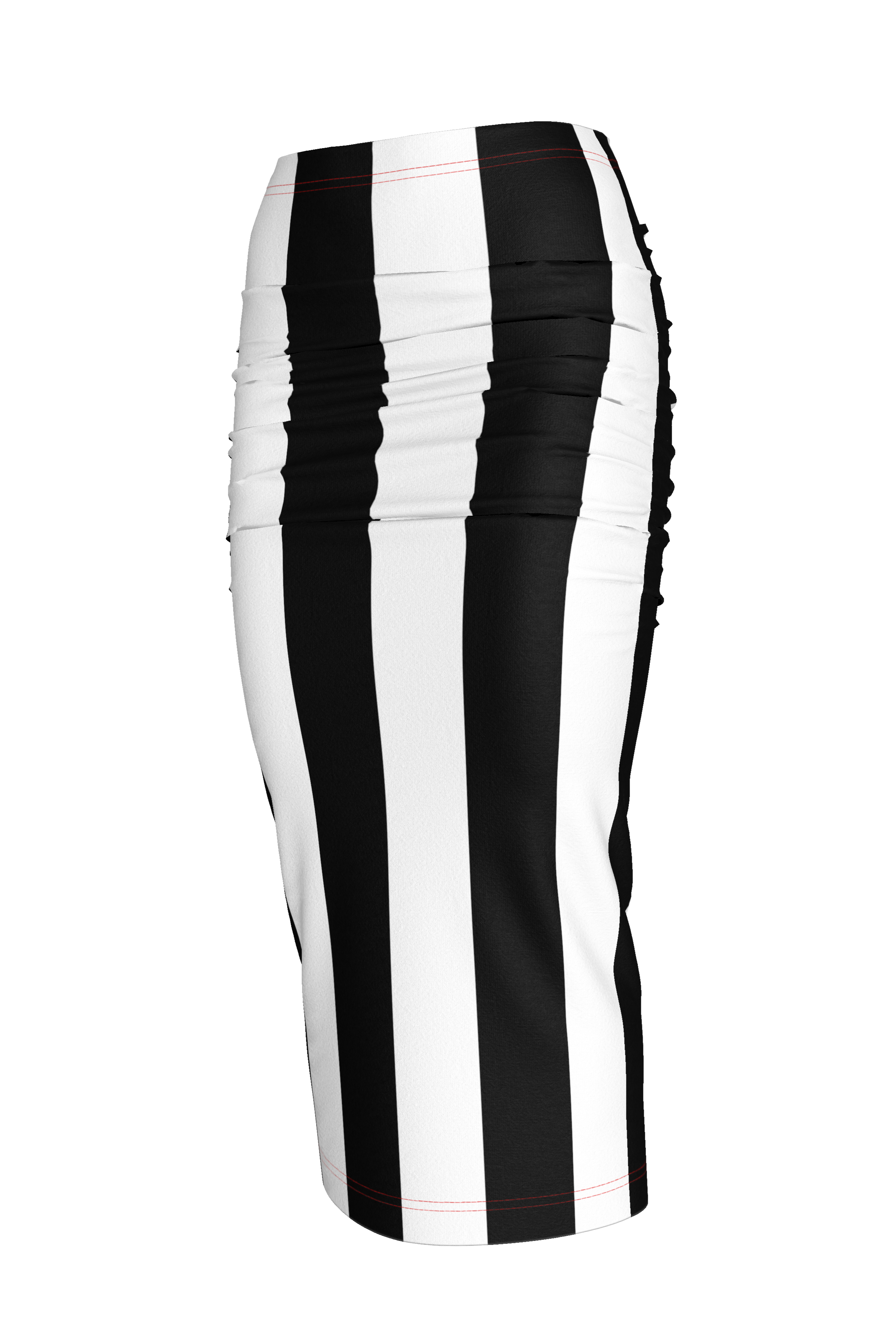 Black and White Stripe Ruched Midi Knit Skirt