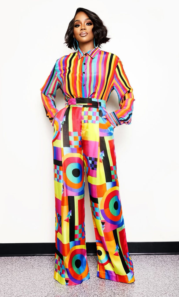 Cupro Wide Leg Trousers in Neo Stained Glass