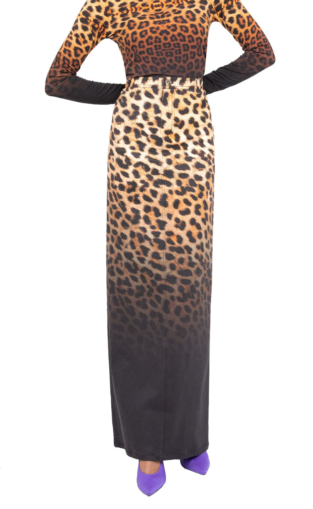 Cheetah Ombre Denim Maxi Skirt