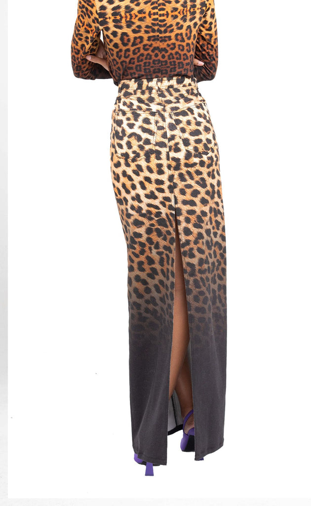 Cheetah Ombre High Waist Maxi Denim Skirt