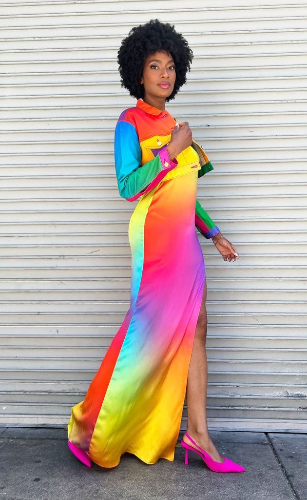 Rainbow Gradient Maxi Silk Slip Dress with High Slit