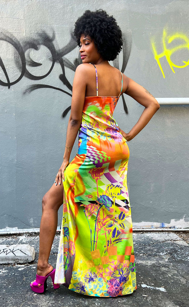 Graffiti Silk Maxi Slip Dress with High Slit