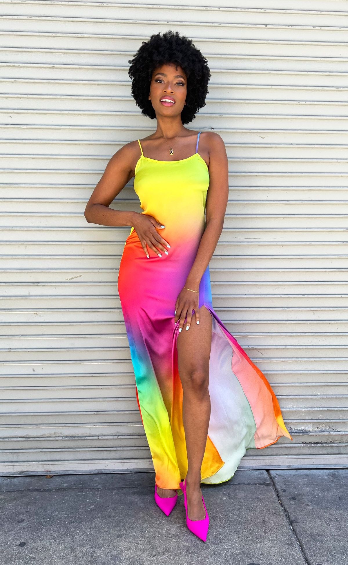 Rainbow Gradient Maxi Silk Slip Dress with High Slit