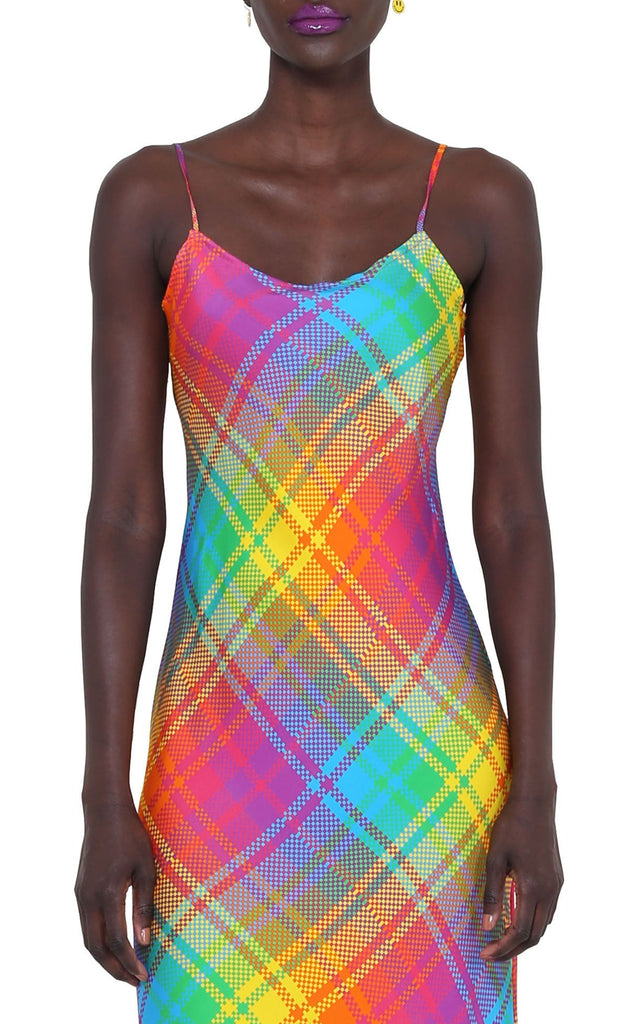 Rainbow Bias Plaid Silk Slip Dress