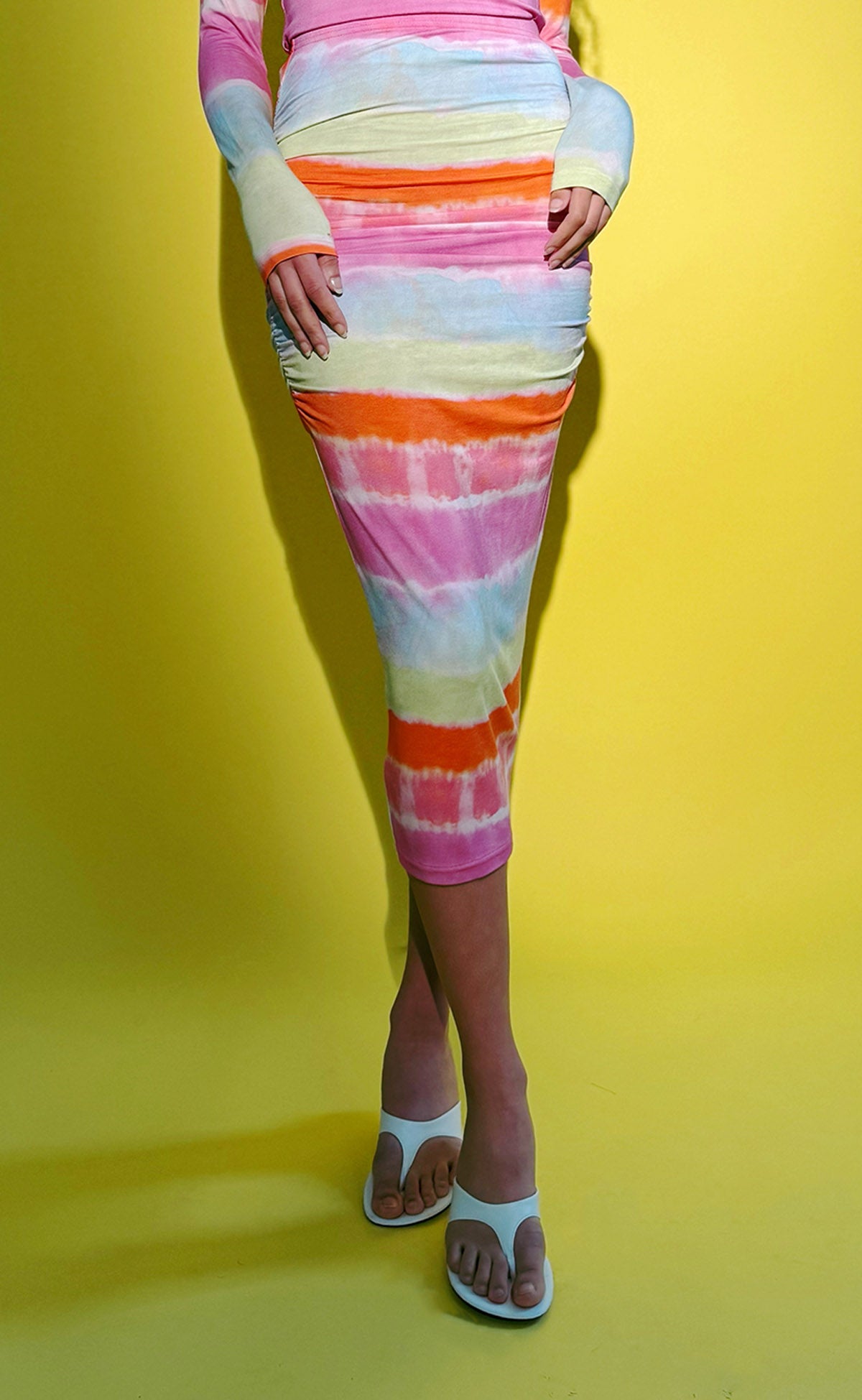 Tie Dye Stripe Side Ruched Skirt