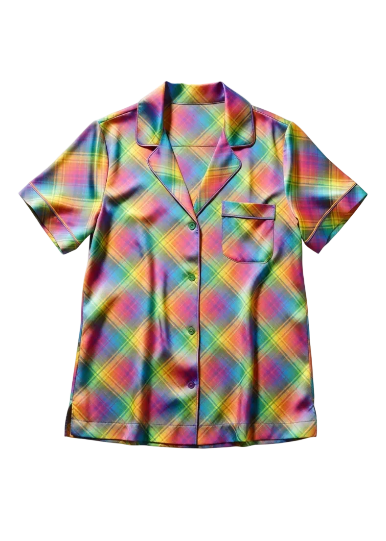 Rainbow Plaid Silk Short Sleeve Pajama Top