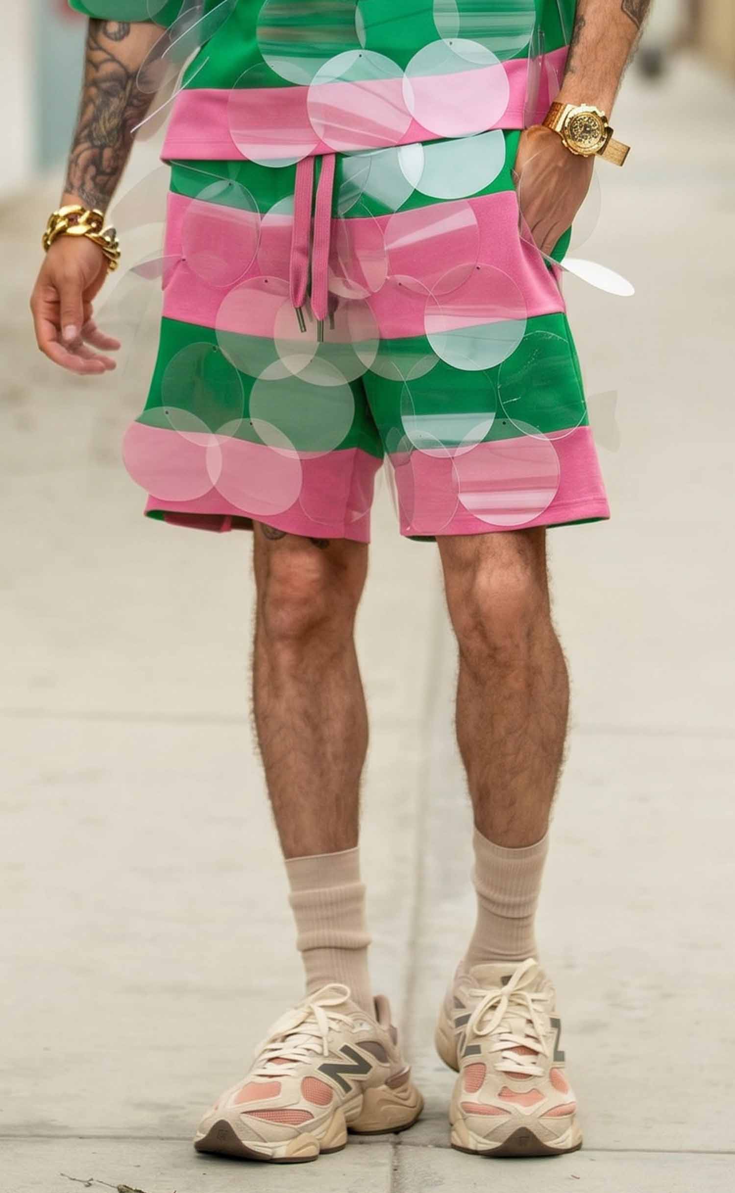 Salmon Pink and Apple Green Striped Bubbles Drawstring Shorts