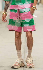 Salmon Pink and Apple Green Striped Bubbles Drawstring Shorts