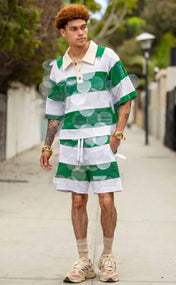 Green and White Striped Bubbles Drawstring Shorts