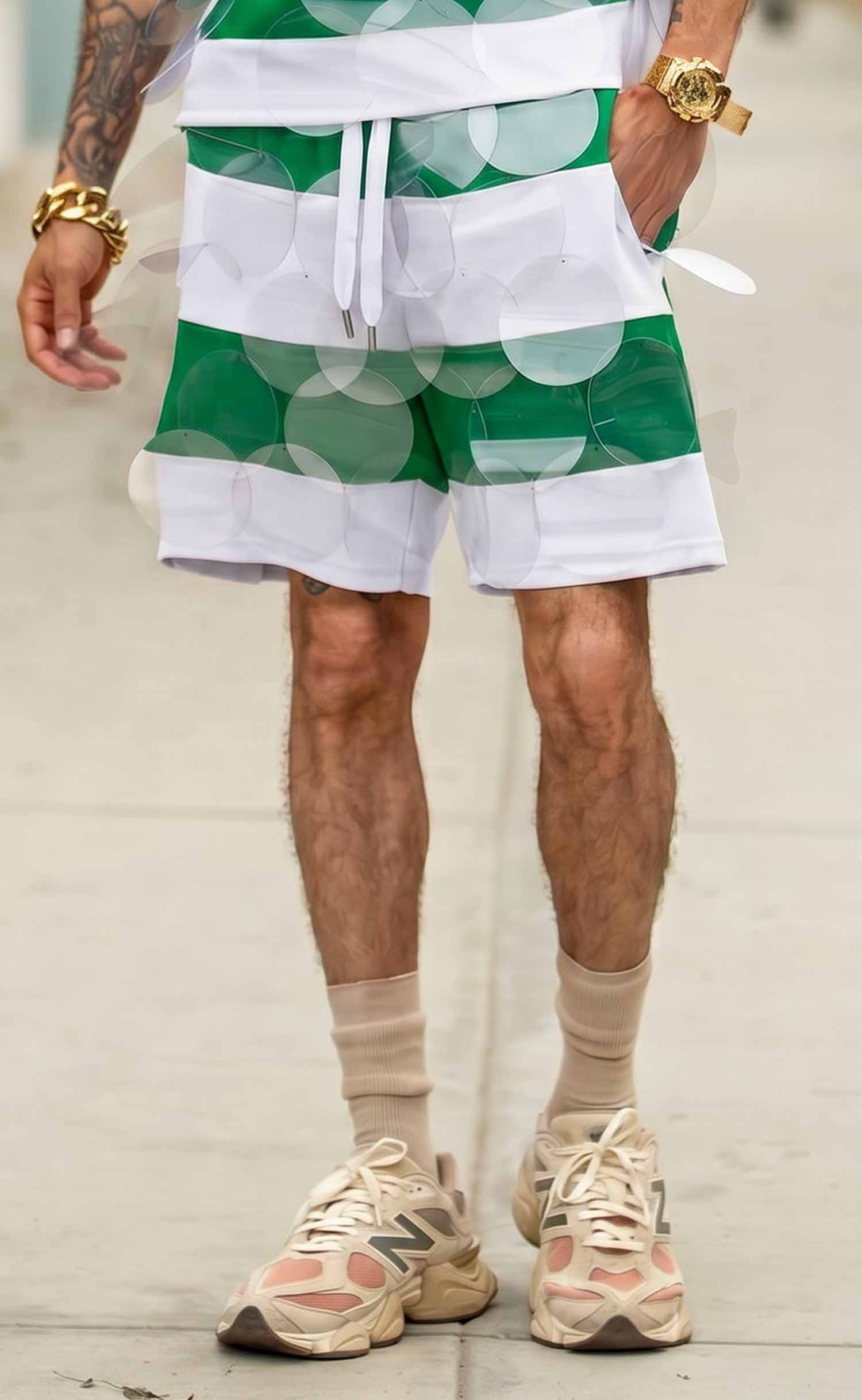 Green and White Striped Bubbles Drawstring Shorts
