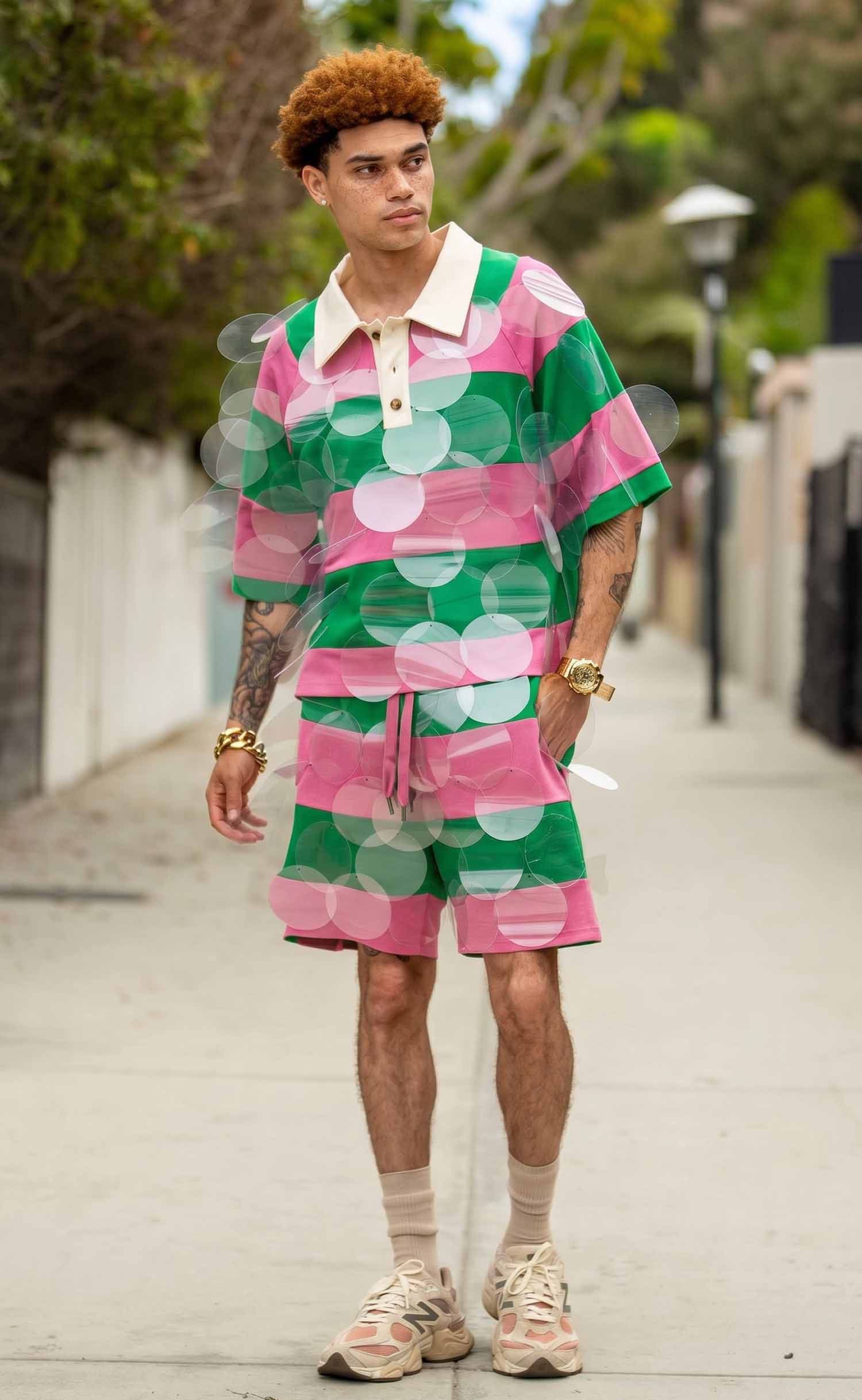 Salmon Pink and Apple Green Striped Bubbles Drawstring Shorts