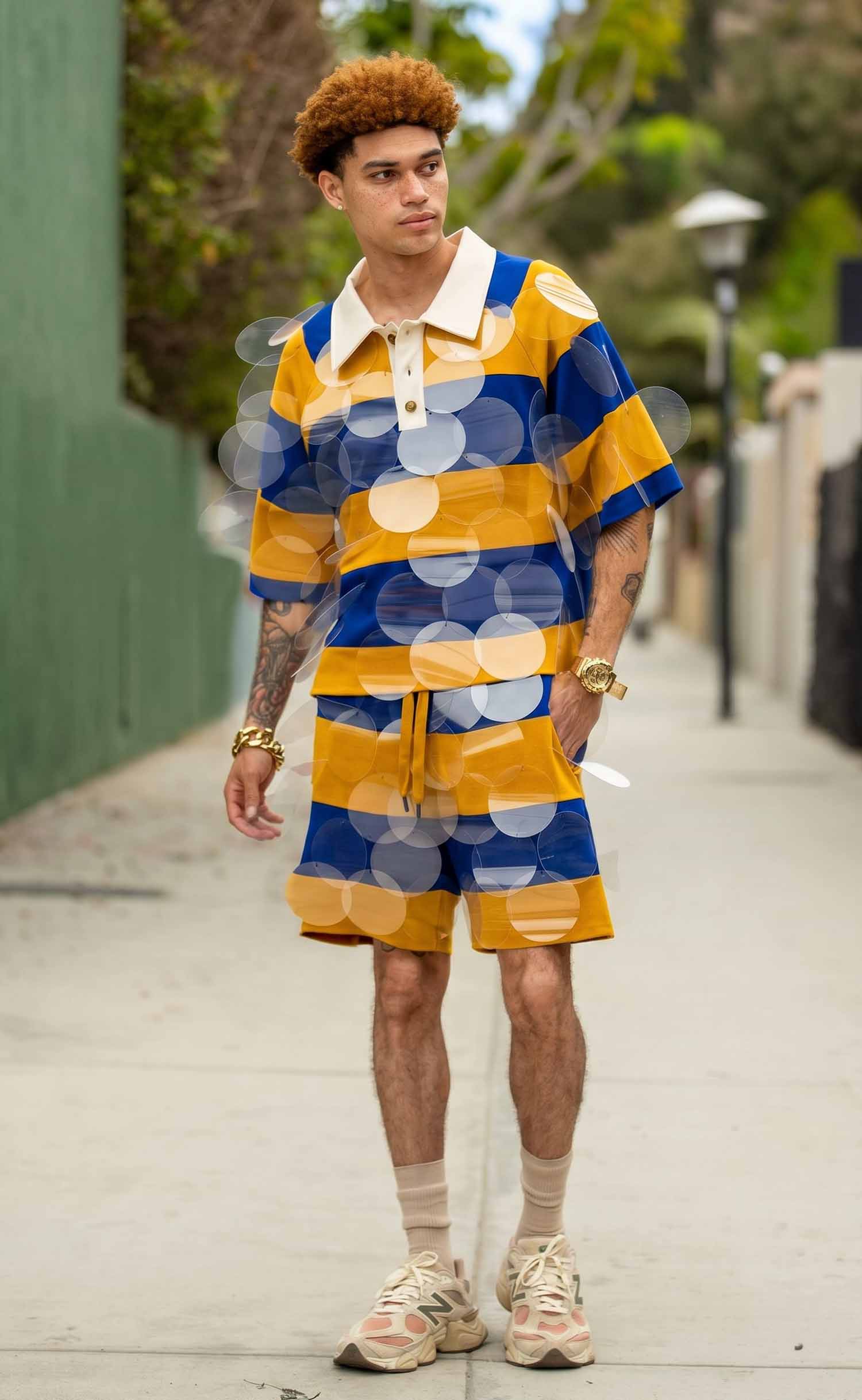 Royal Blue and Gold Striped Bubbles Drawstring Shorts