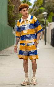Royal Blue and Gold Striped Bubbles Drawstring Shorts