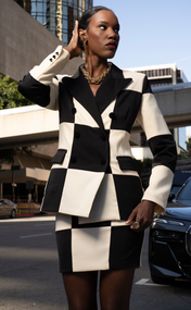 Ebony and Ivory Double-Breasted Power Check Blazer