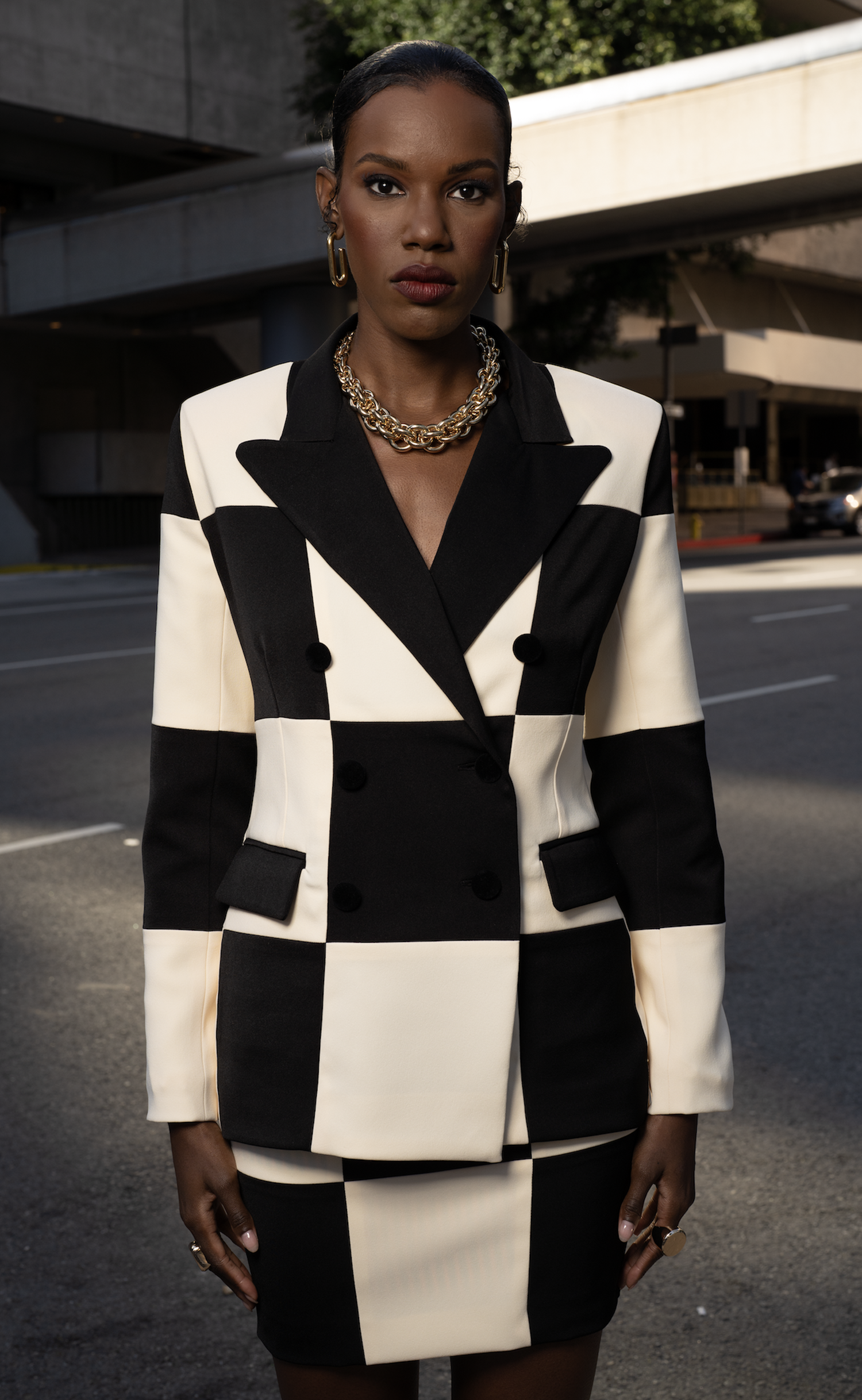 Ebony and Ivory Double-Breasted Power Check Blazer