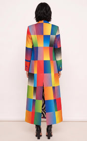 Rainbow Gradient Double-Breasted Power Check Maxi Blazer