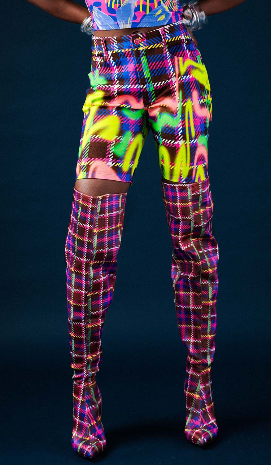 Chocolate Plaid Glitch Bermuda Denim Shorts