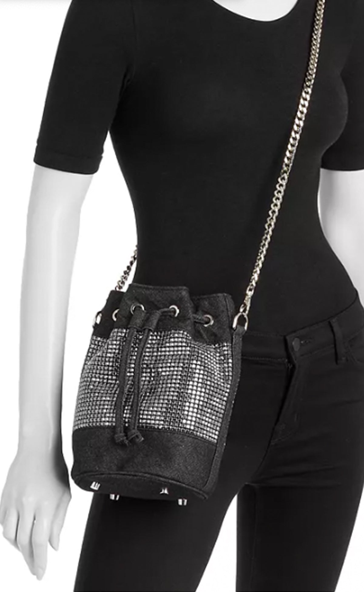 Black Denim and Crystal Bucket Bag