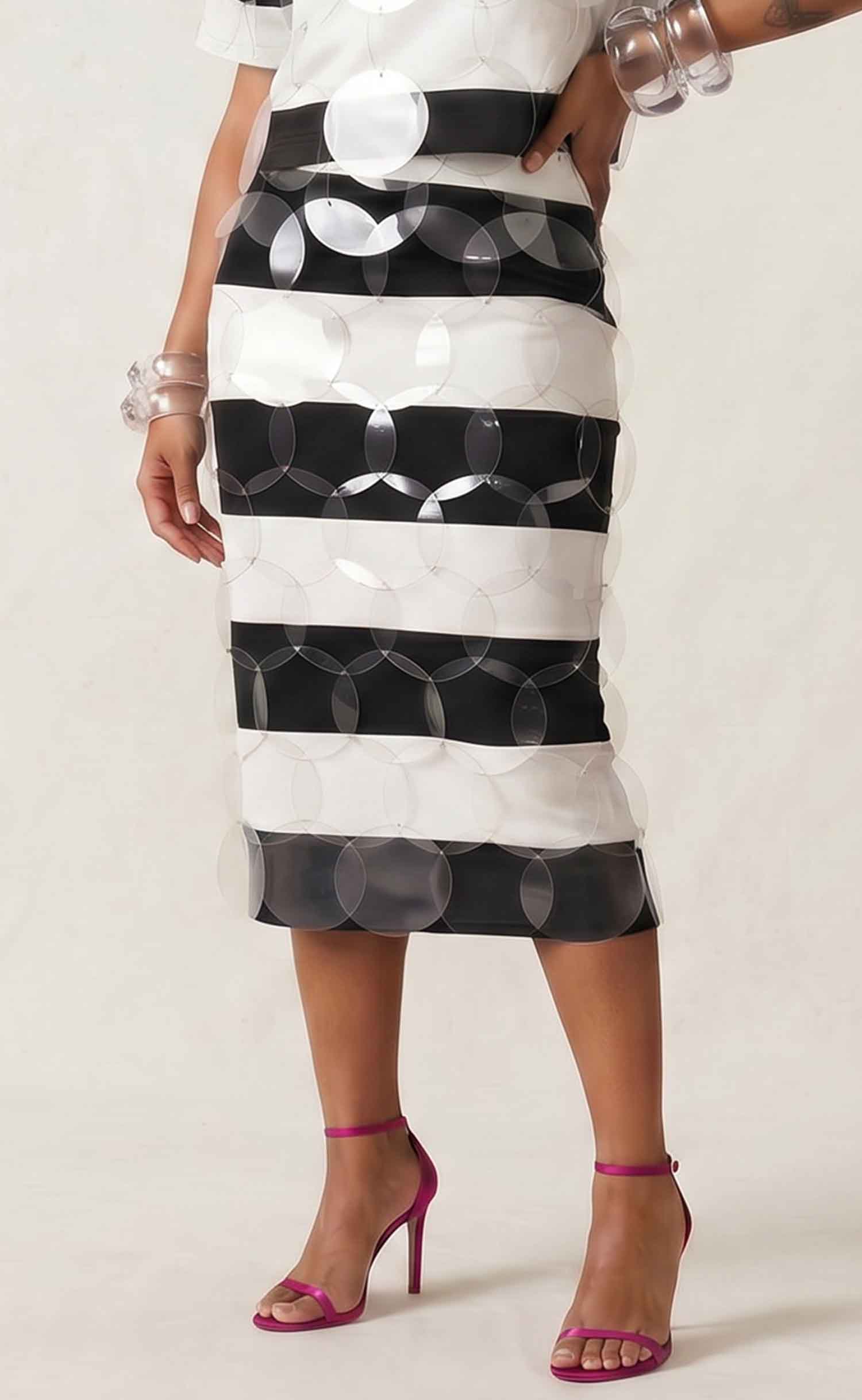 Black and White Striped Bubbles Midi Skirt