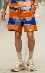 Royal Blue and Orange Striped Bubbles Drawstring Shorts