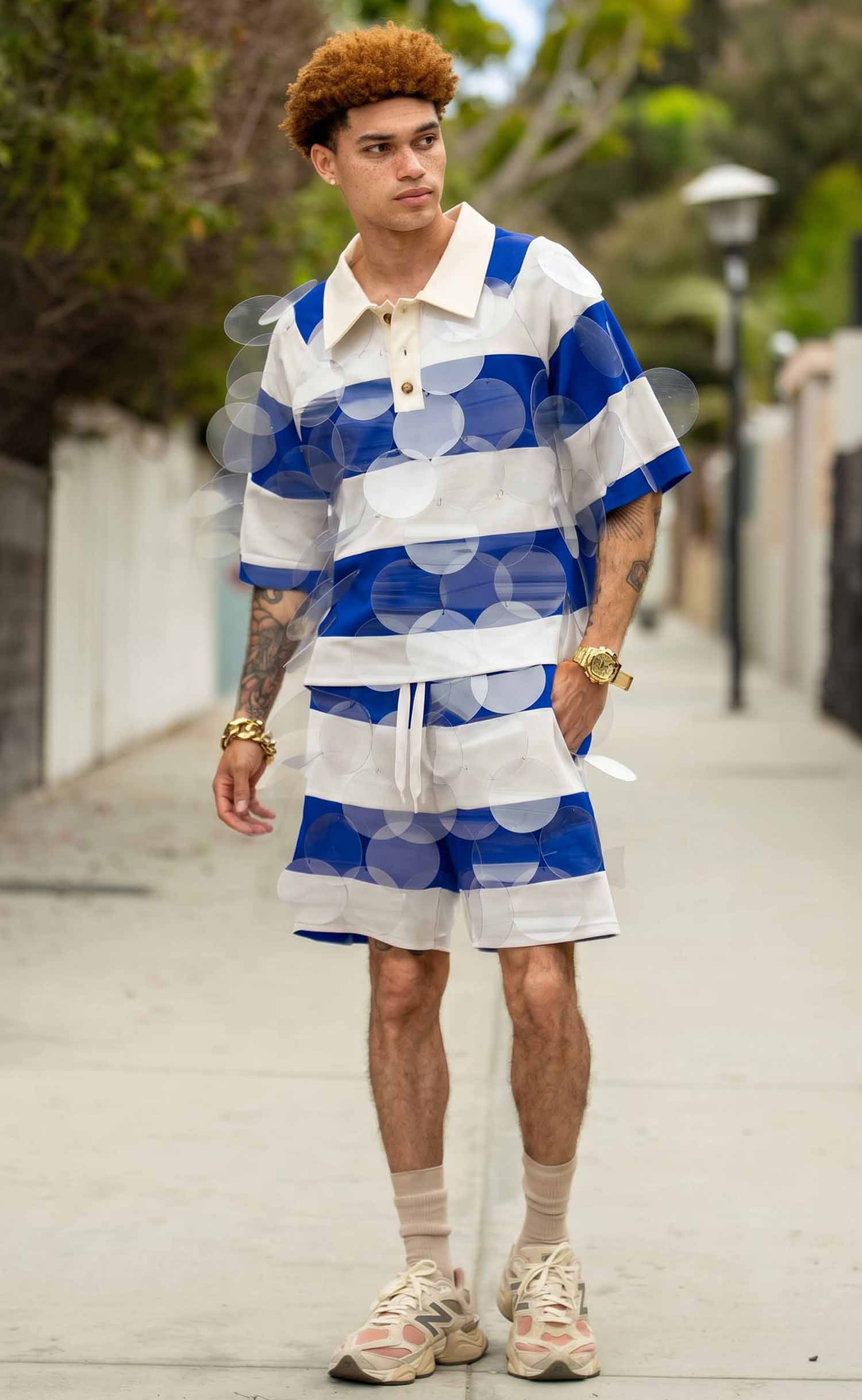 Royal Blue and White Striped Bubbles Drawstring Shorts