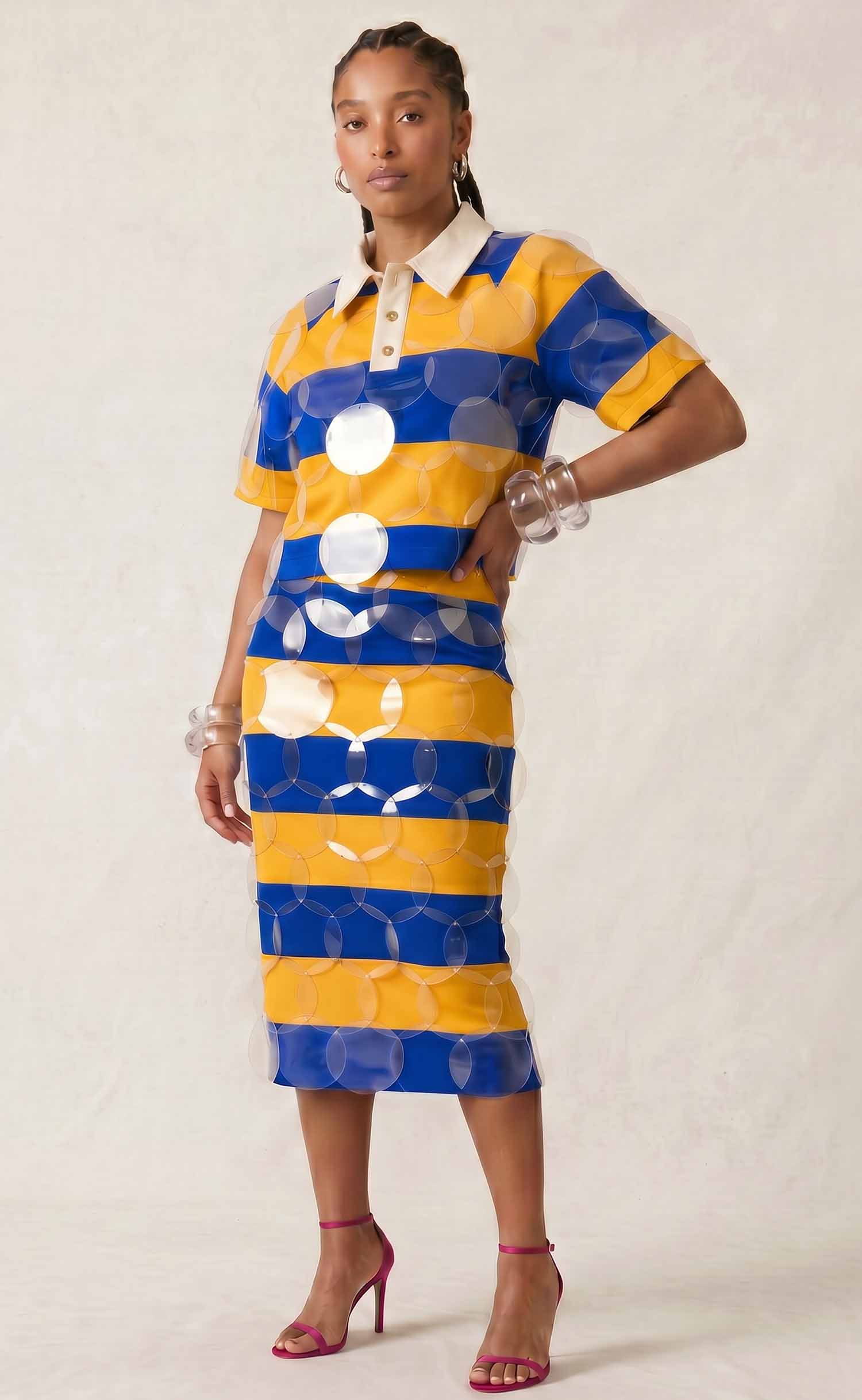 Royal Blue and Gold Striped Bubbles Midi Skirt
