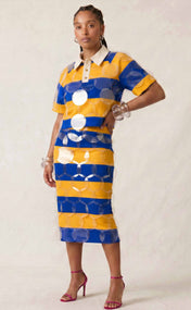 Royal Blue and Gold Striped Bubbles Midi Skirt