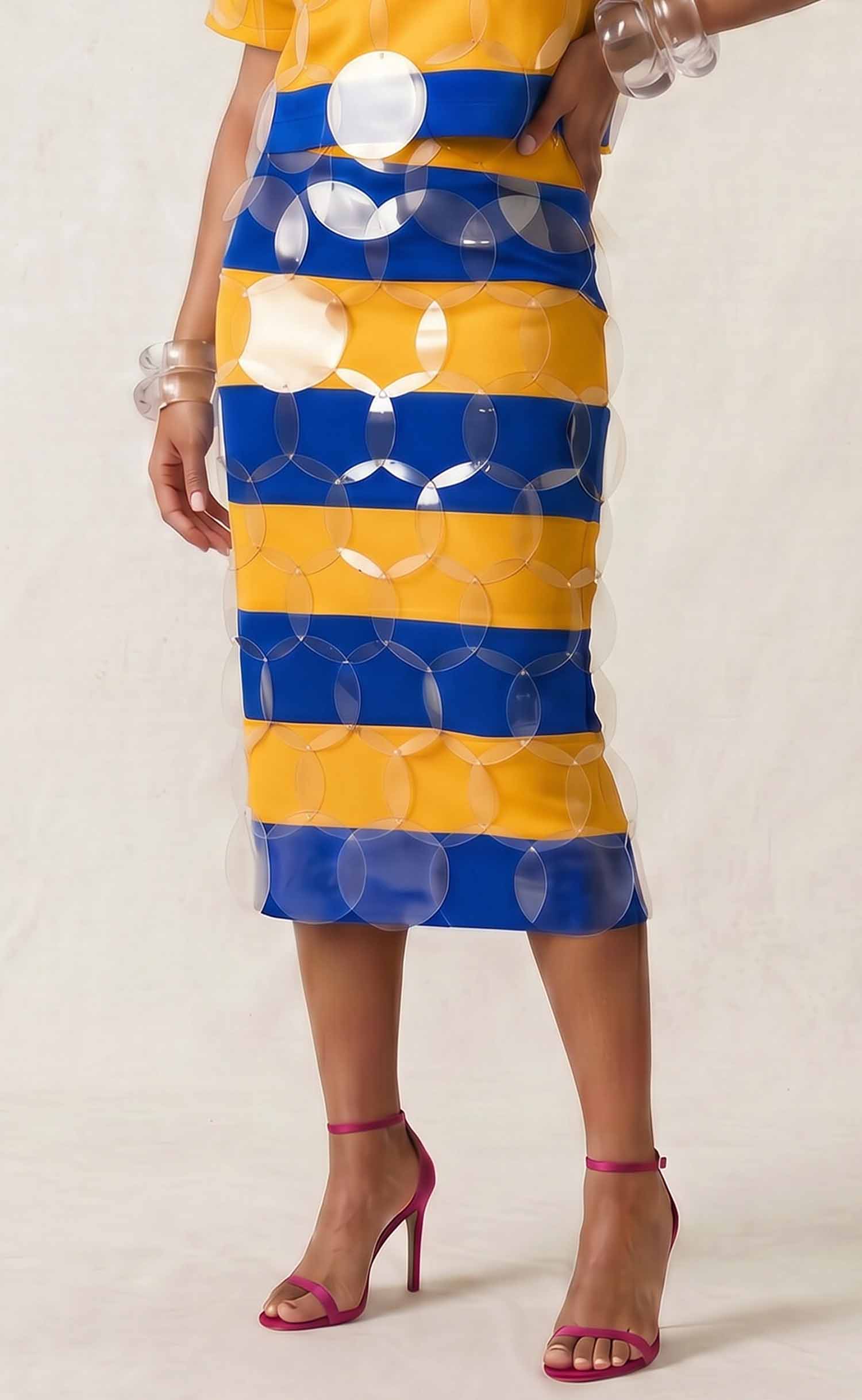 Royal Blue and Gold Striped Bubbles Midi Skirt