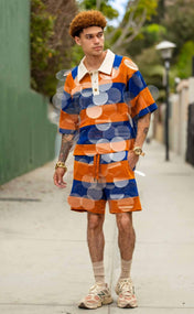 Royal Blue and Orange Striped Bubbles Drawstring Shorts