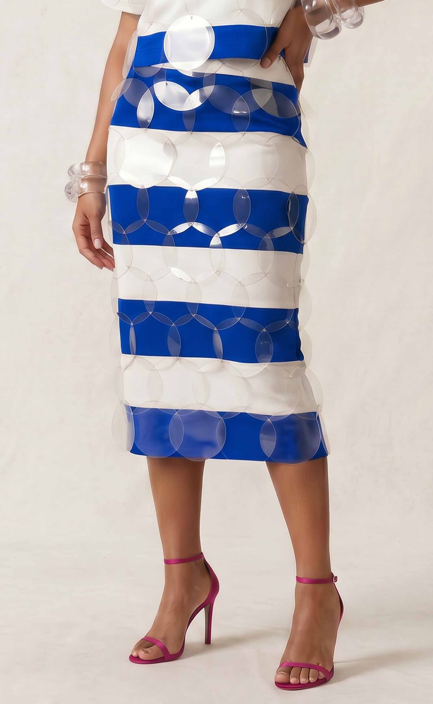 Royal Blue and White Striped Bubbles Midi Skirt