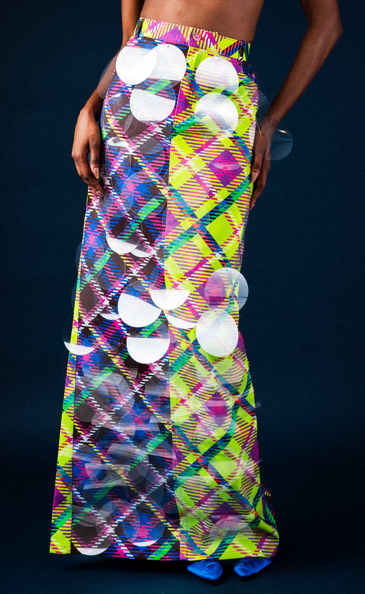 Bubbles Chocolate and Lime Plaid Maxi Denim Skirt