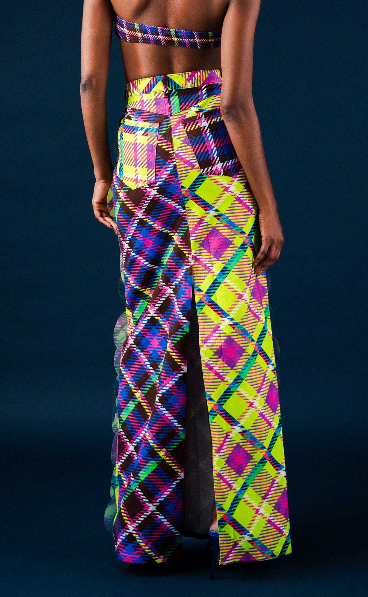 Bubbles Chocolate and Lime Plaid Maxi Denim Skirt