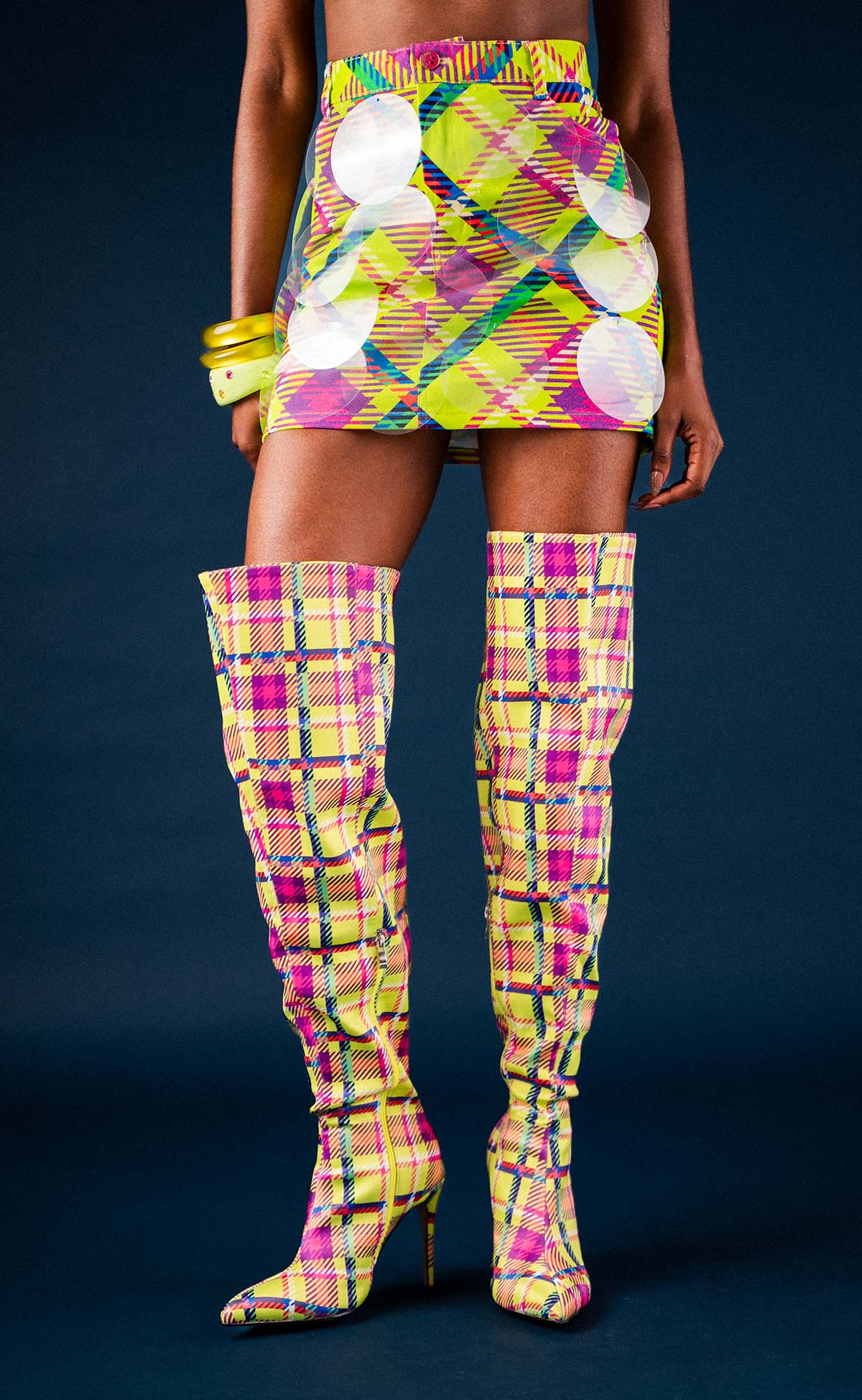 Bubbles Neon Plaid Denim Mini Skirt