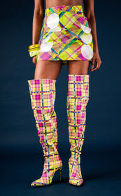 Bubbles Neon Plaid Denim Mini Skirt