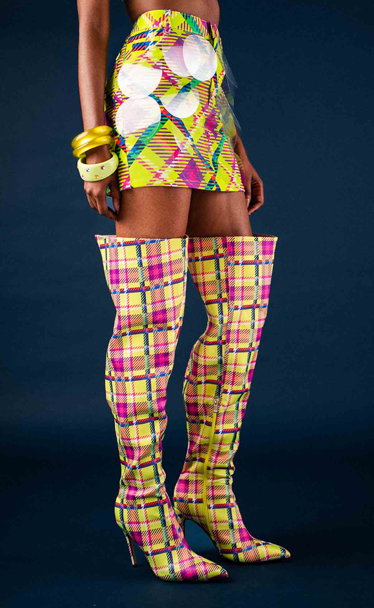 Bubbles Neon Plaid Denim Mini Skirt