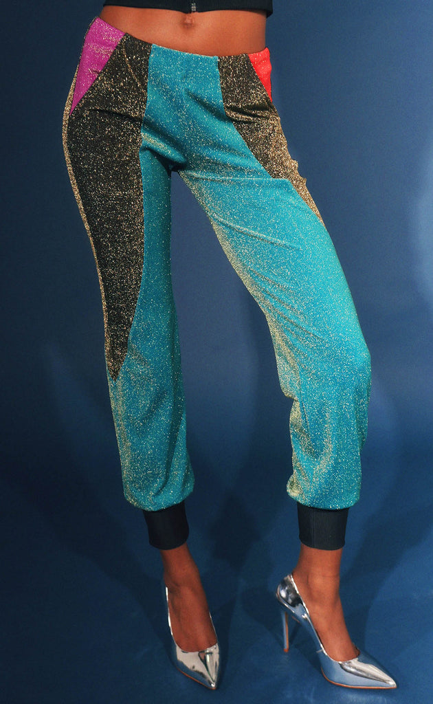 Turquoise and Black Colorblock Lurex Jogger - PREORDER