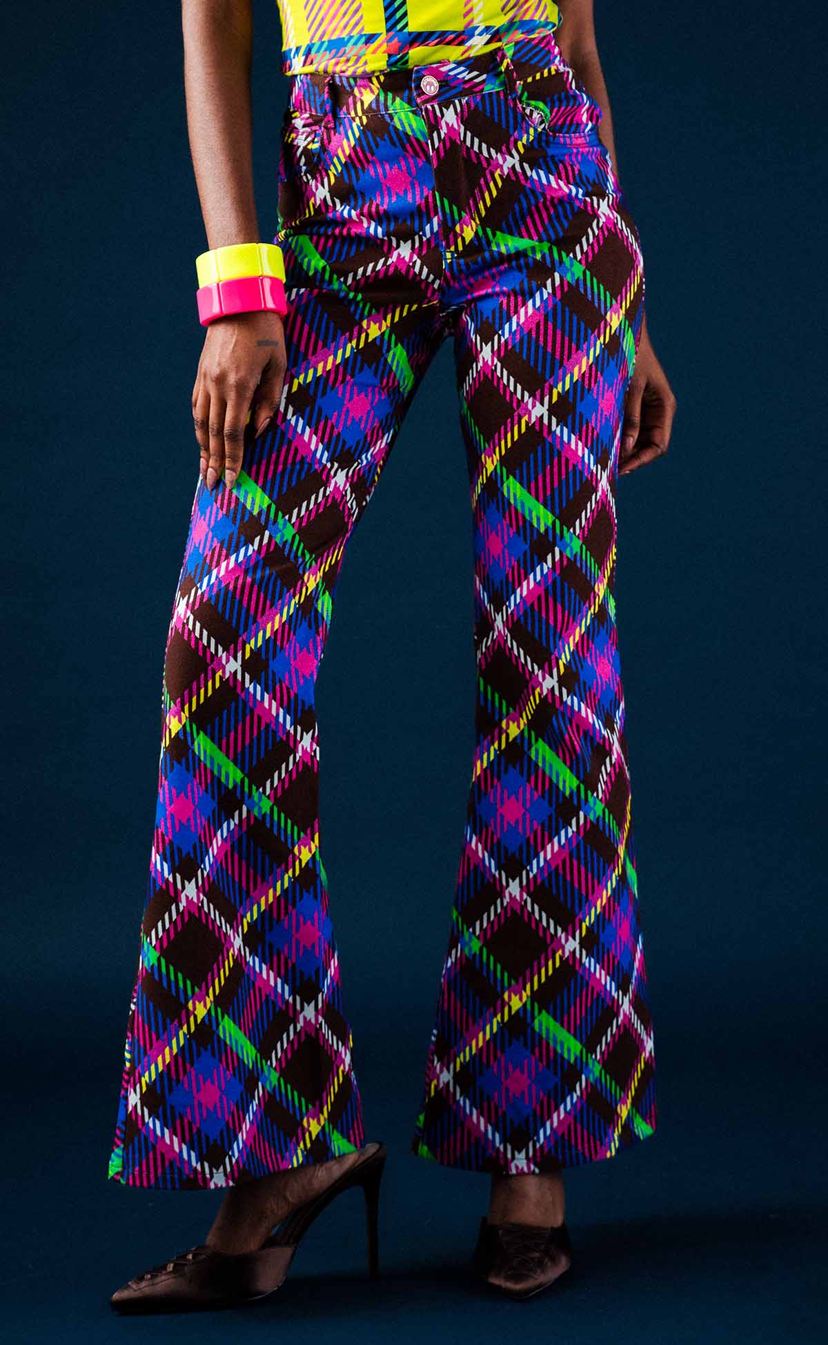 Chocolate Plaid Bell Bottom Jeans