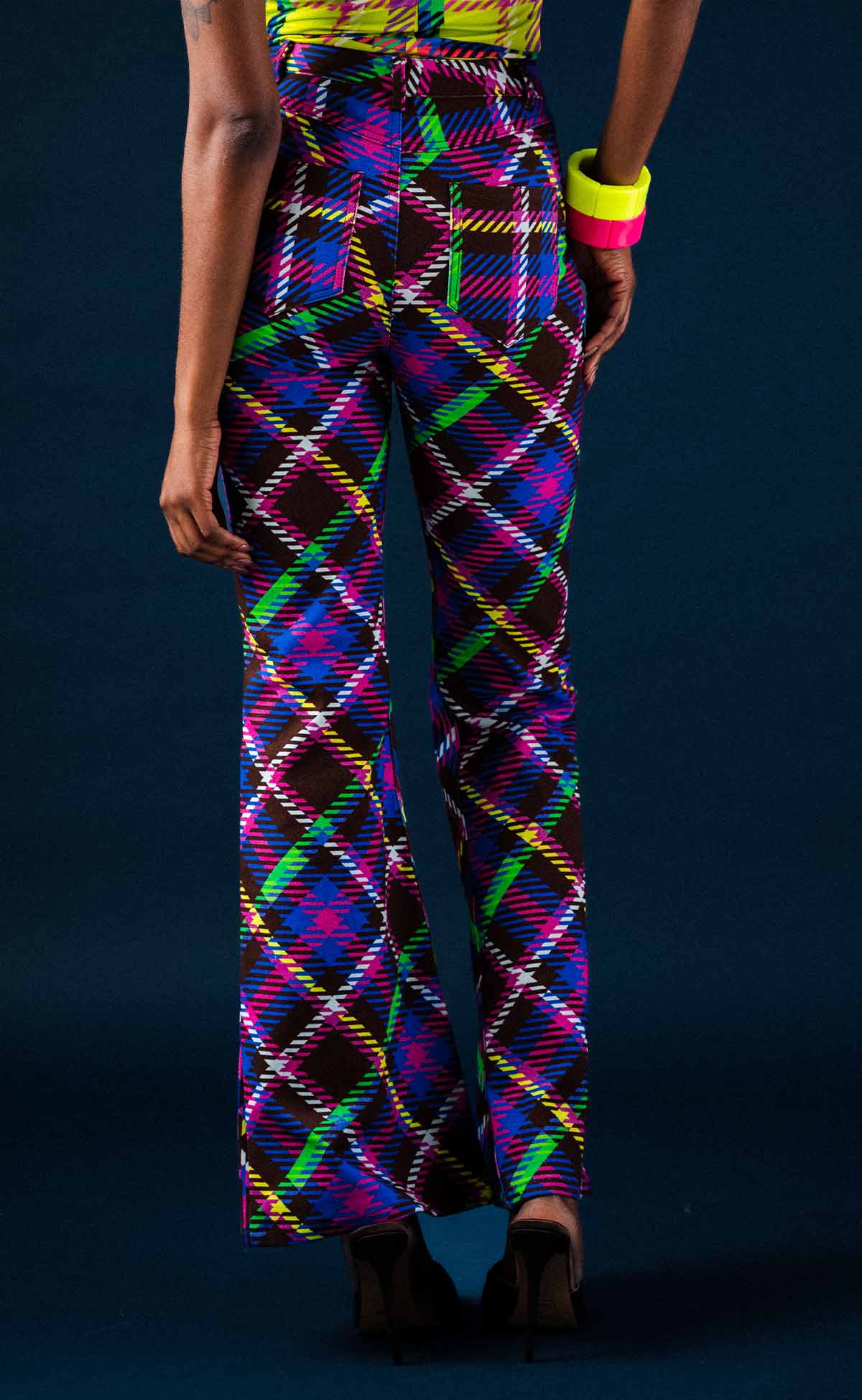 Chocolate Plaid Bell Bottom Jeans