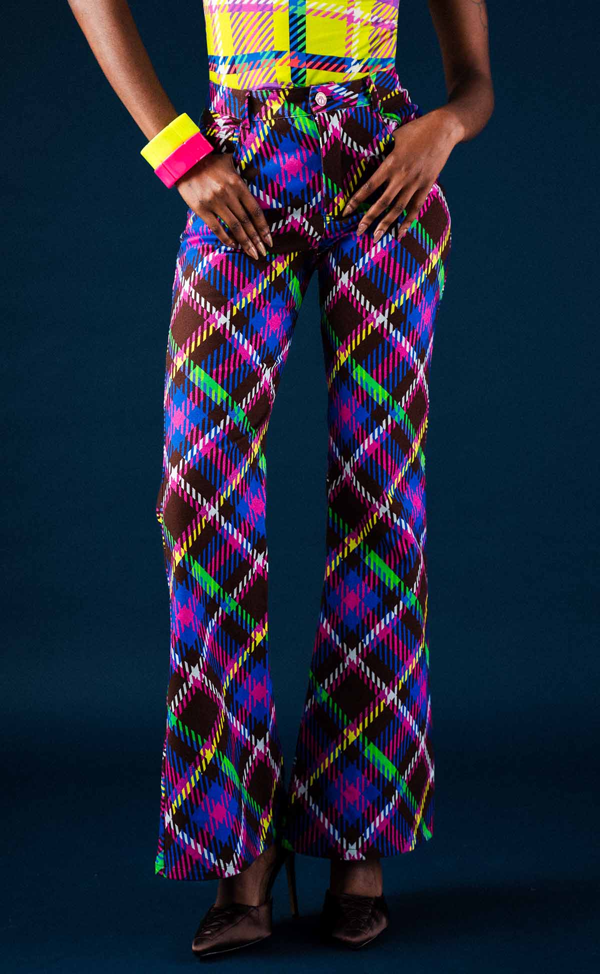 Chocolate Plaid Bell Bottom Jeans