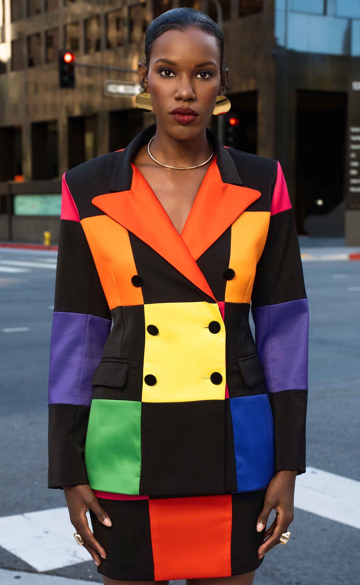 Color-Full Double-Breasted Power Check Blazer