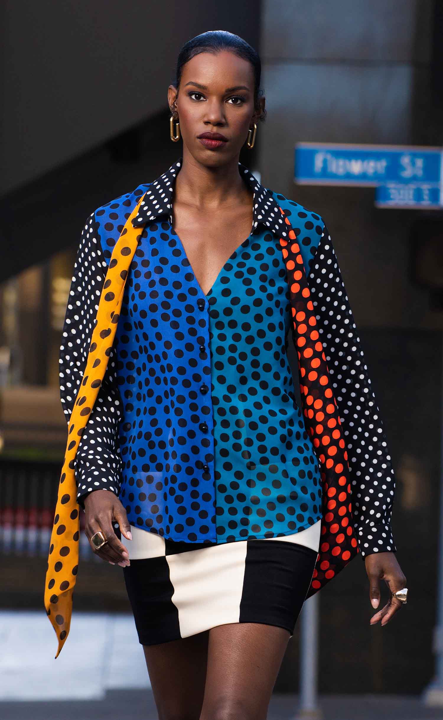 Mixed Dot Georgette Blouse with Removable Scarf