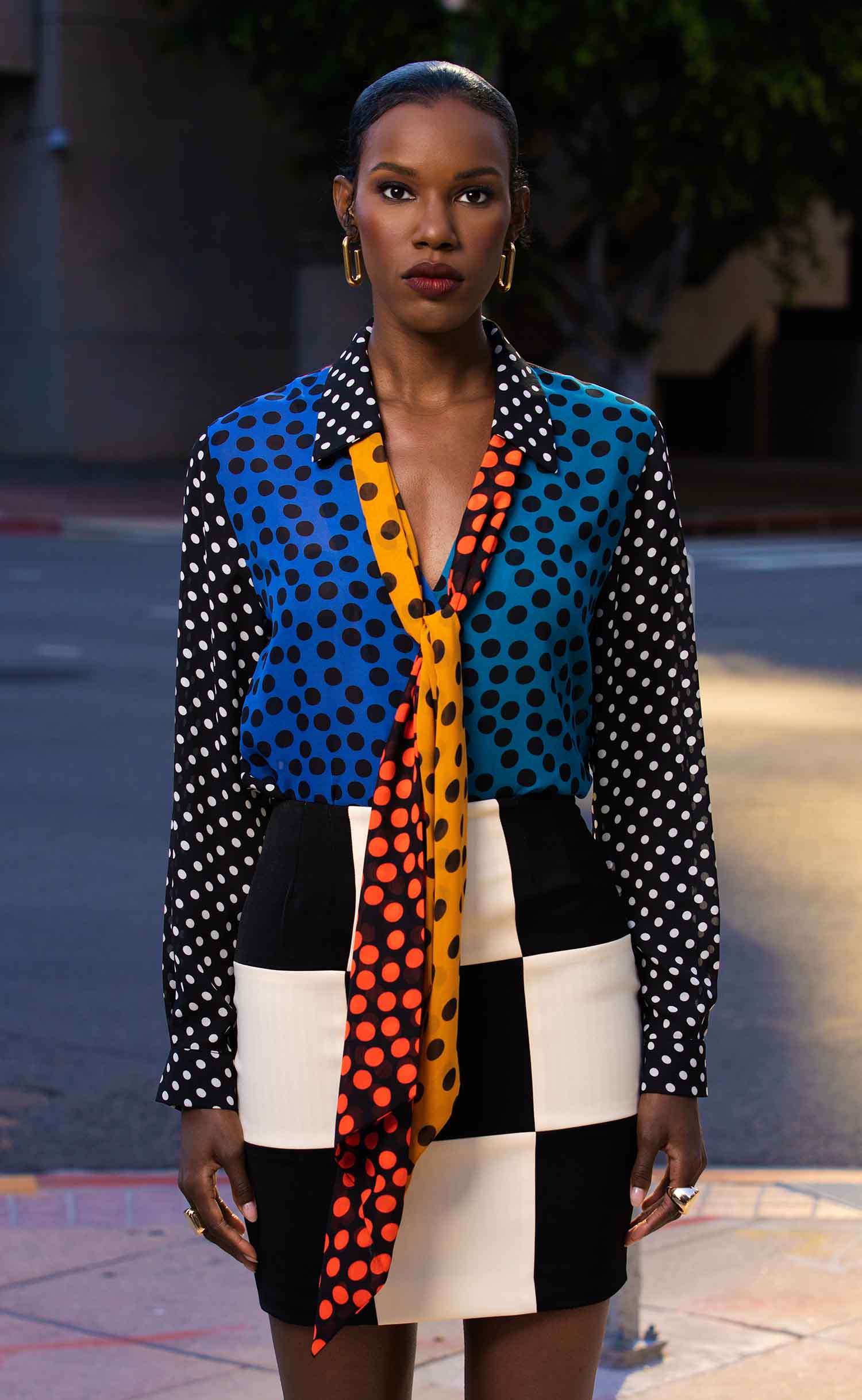Mixed Dot Georgette Blouse with Removable Scarf