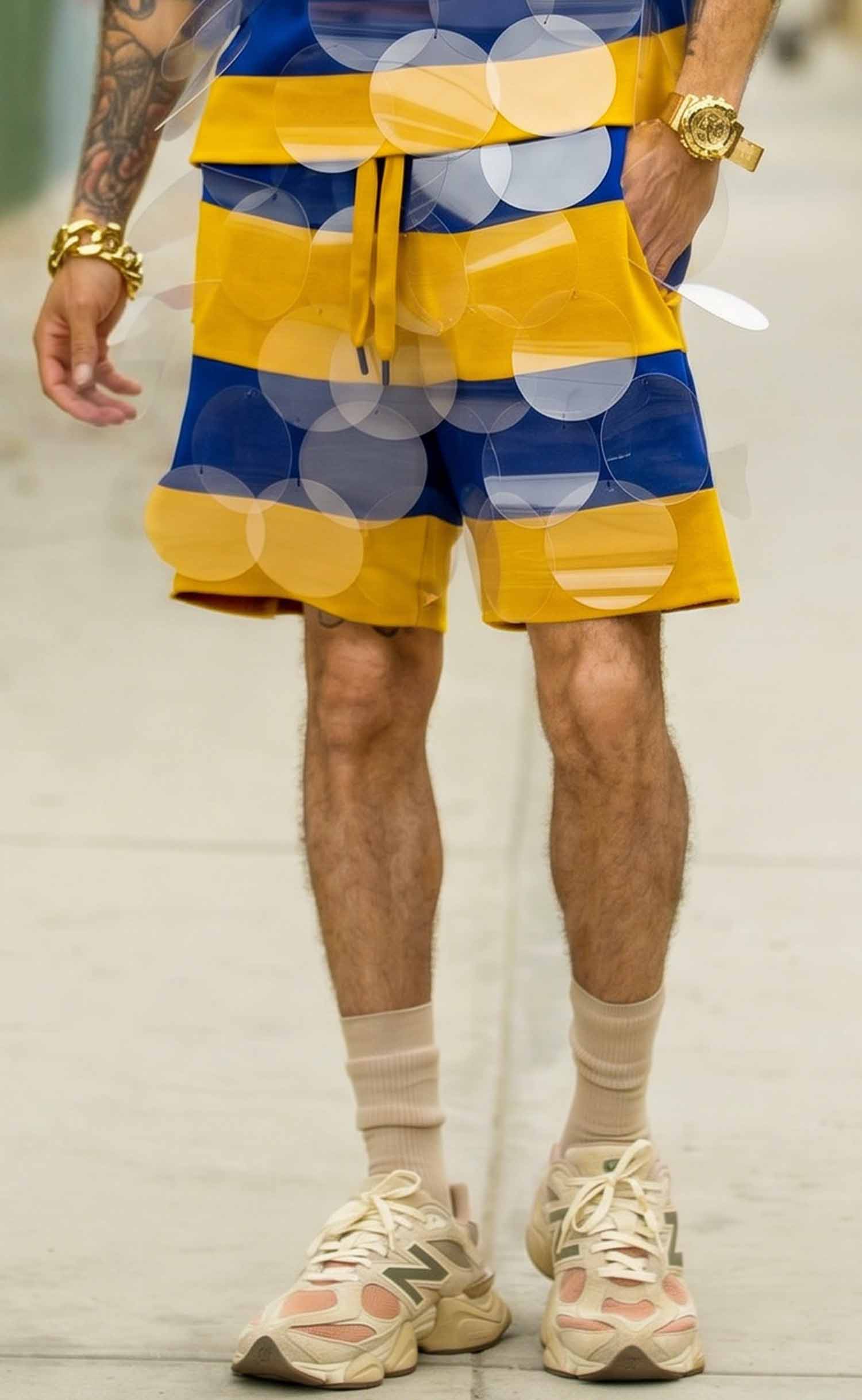 Royal Blue and Gold Striped Bubbles Drawstring Shorts