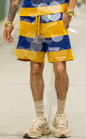 Royal Blue and Gold Striped Bubbles Drawstring Shorts