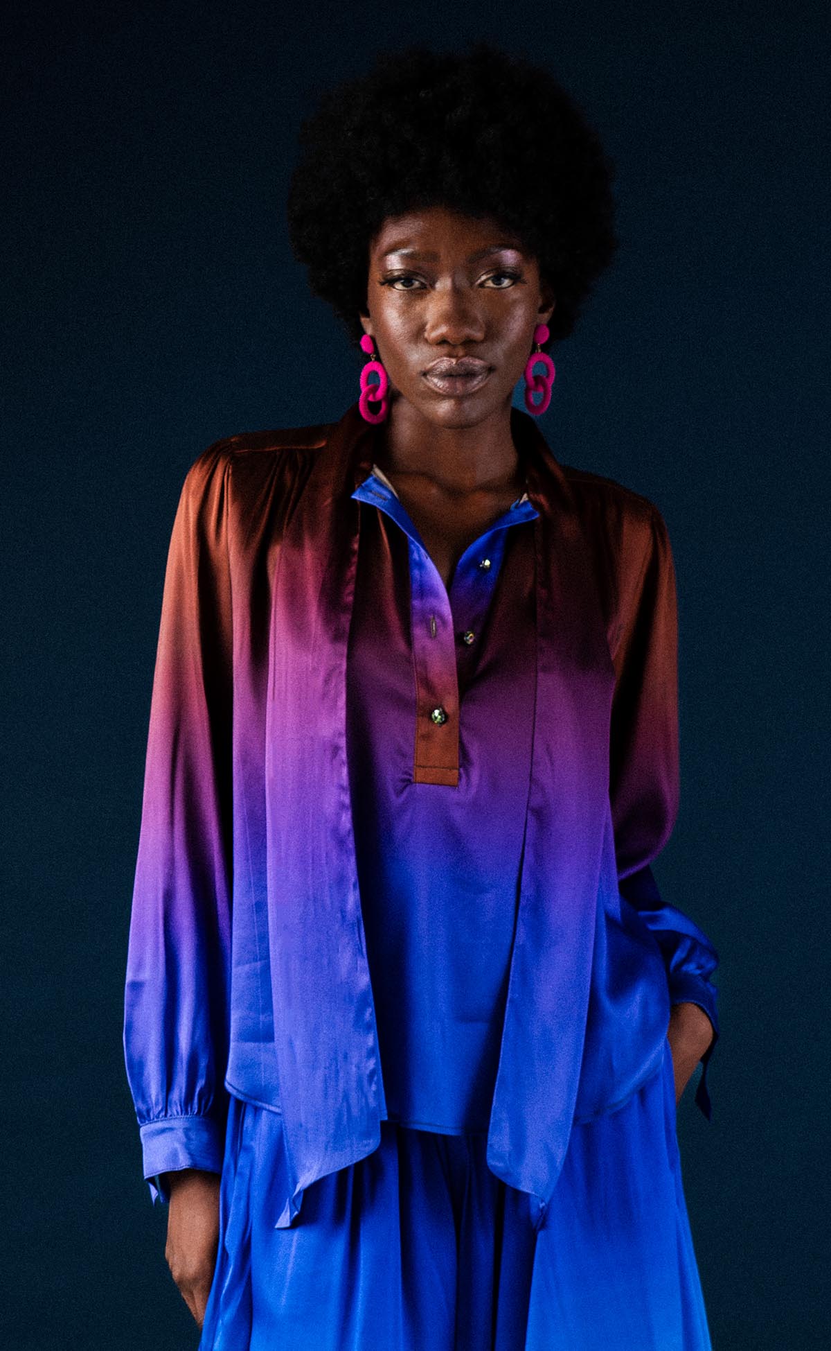 Fig Silk Ombré Bow Blouse