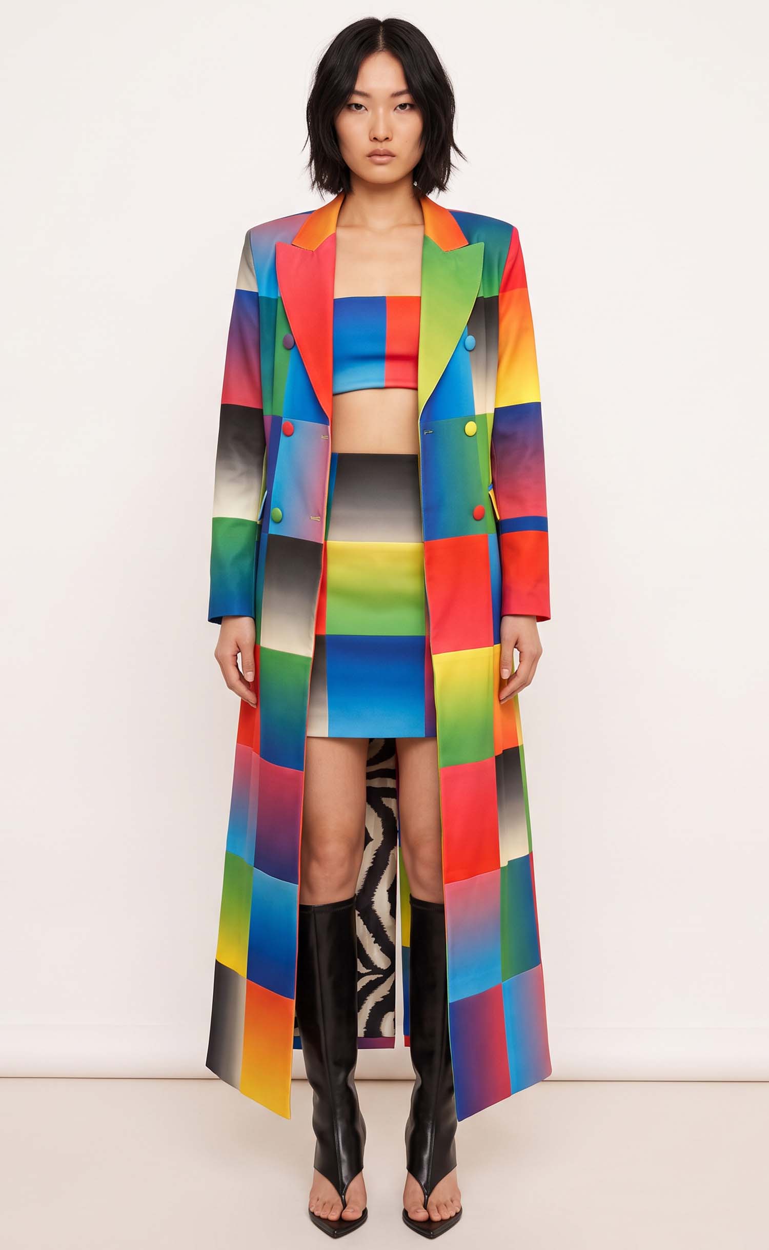Rainbow Gradient Double-Breasted Power Check Maxi Blazer