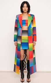 Rainbow Gradient Double-Breasted Power Check Maxi Blazer